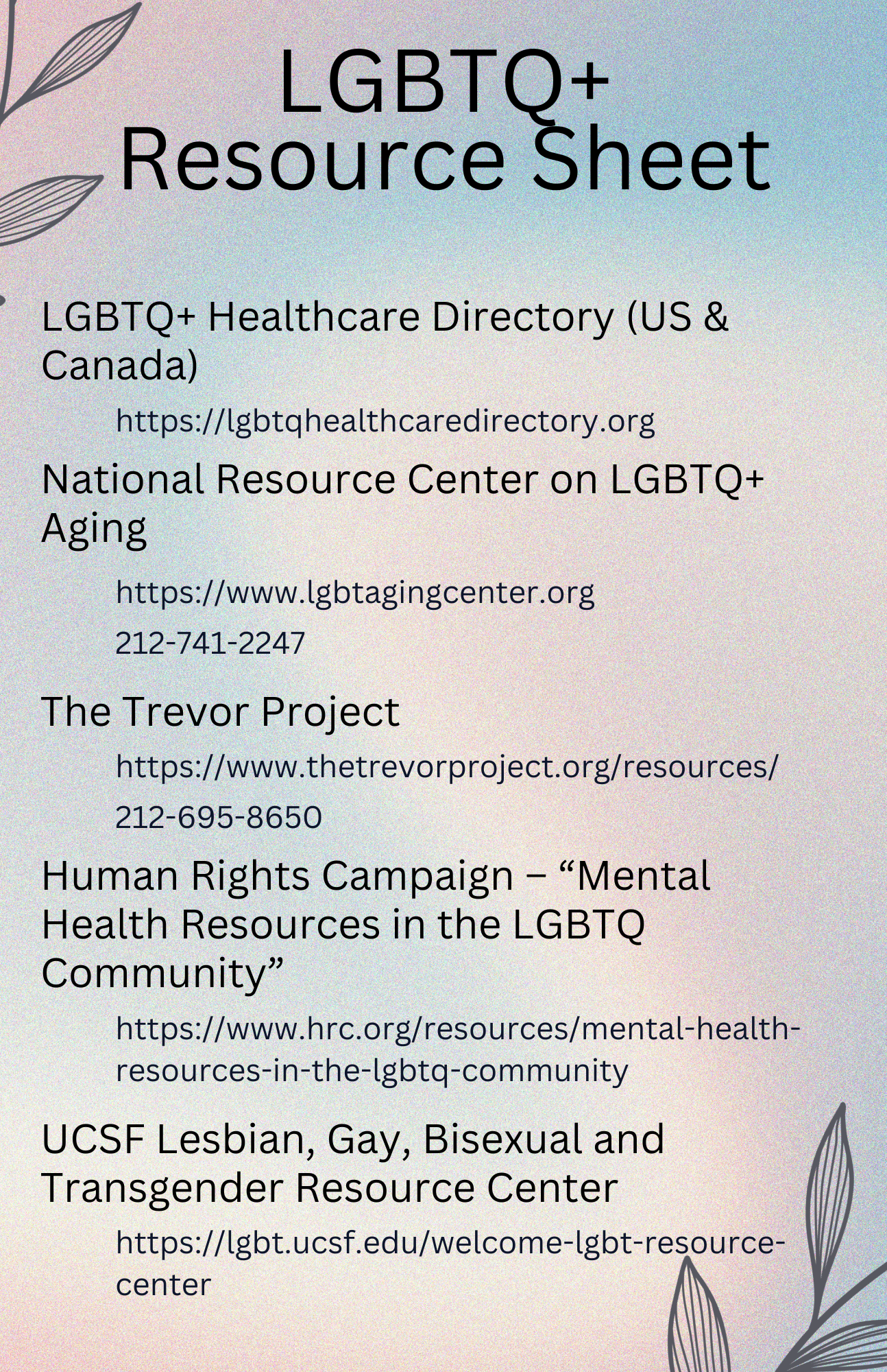 LGBTQ+ Resource list with a gradient background and outlines of plants.